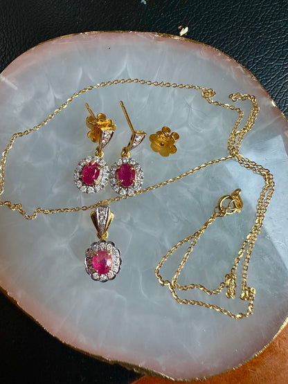 Stunning Earring & Necklace Set -Featuring Natural Unheated Burmese Ruby and Natural Diamond Earrings in 20K Solid Gold.