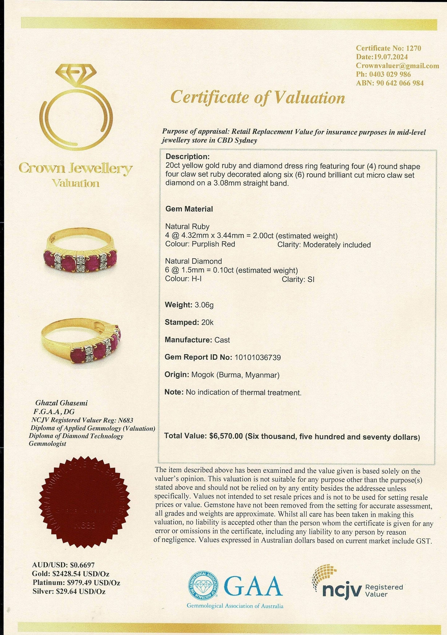 Total 2CT of Natural Unheated Burmese Ruby Dimond Ring in 20K Solid Gold
