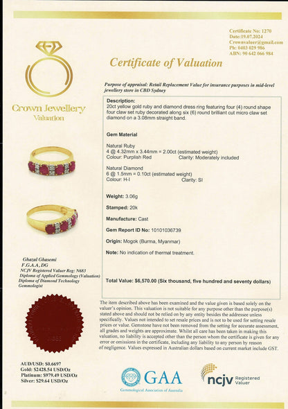 Total 2CT of Natural Unheated Burmese Ruby Dimond Ring in 20K Solid Gold