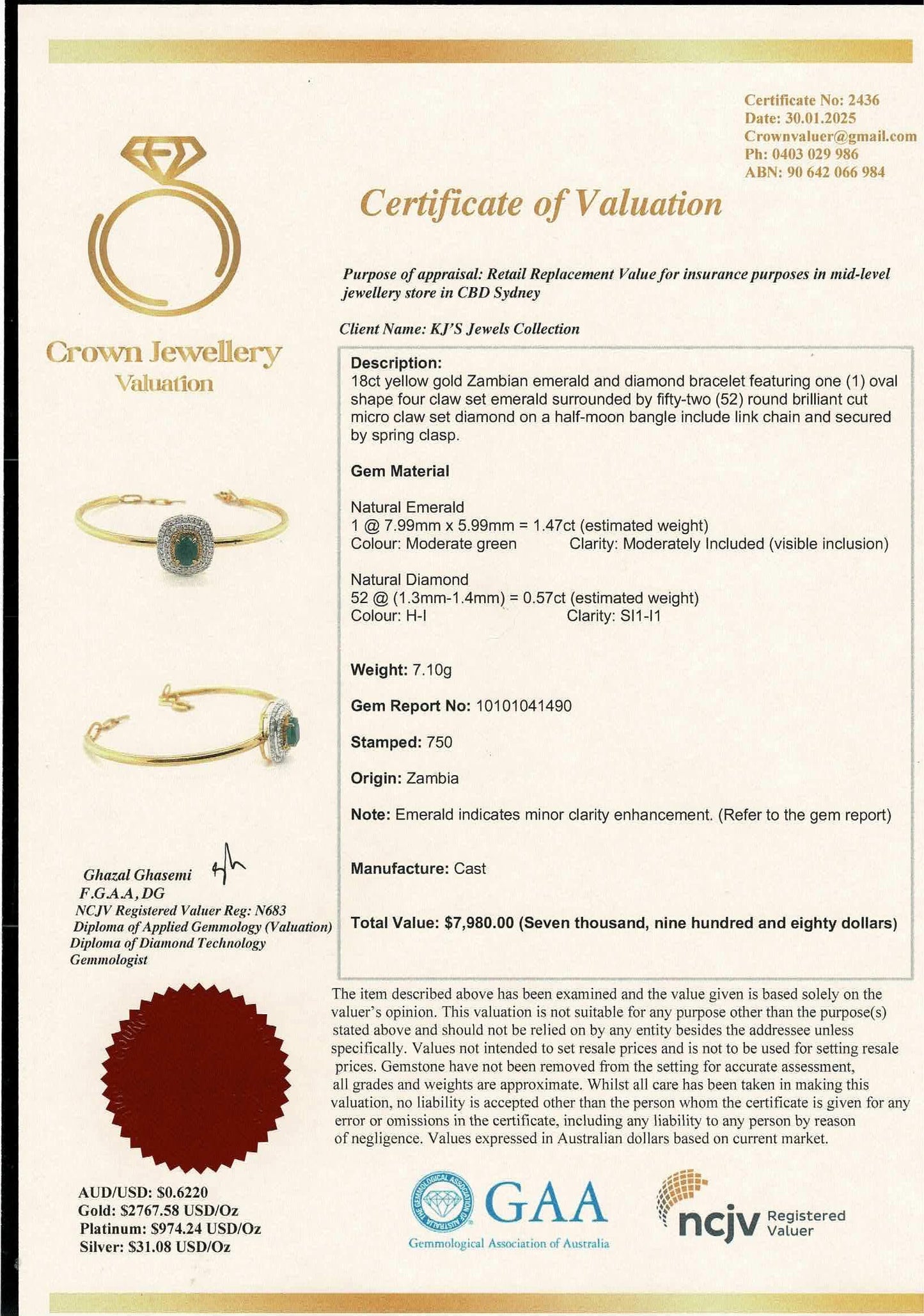 Beautiful Natural Emerald and Natural Diamonds Bangle in 18K Solid Gold.