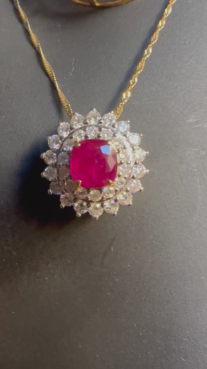 Two Halo Brilliance: Natural Diamonds & Natural Unheated Burmese Ruby (1CT) Pendant with Solid Gold Chain