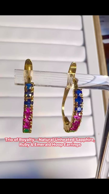 Trio of Royalty – Natural Sapphire, Ruby & Emerald Hoop Earrings in 20K solid gold.