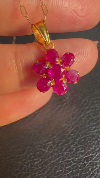Flower Pendant with Natural Unheated Burmese Rubies in Solid Gold Chain.