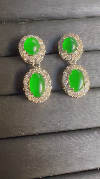 Two Step Drop Earrings Natural Untreated Burmese Jadeite & Diamonds