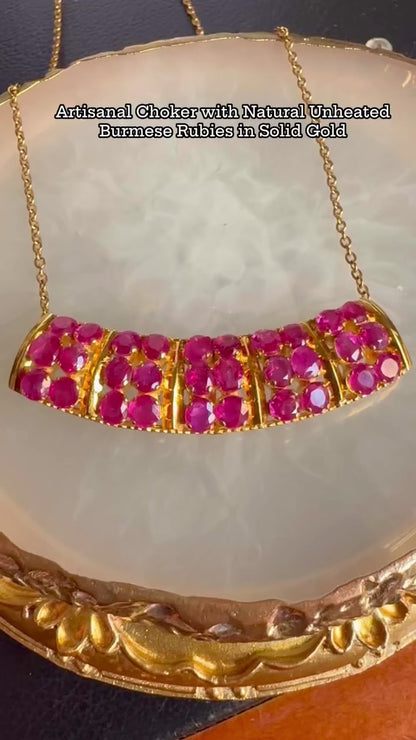 Artisanal Choker or Pendant with Natural Unheated Burmese Rubies in Solid Gold Chain.