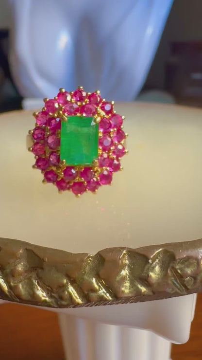 Natural Emerald with Mogok Burmese Rubies | 18ct Gold Halo Dress Ring