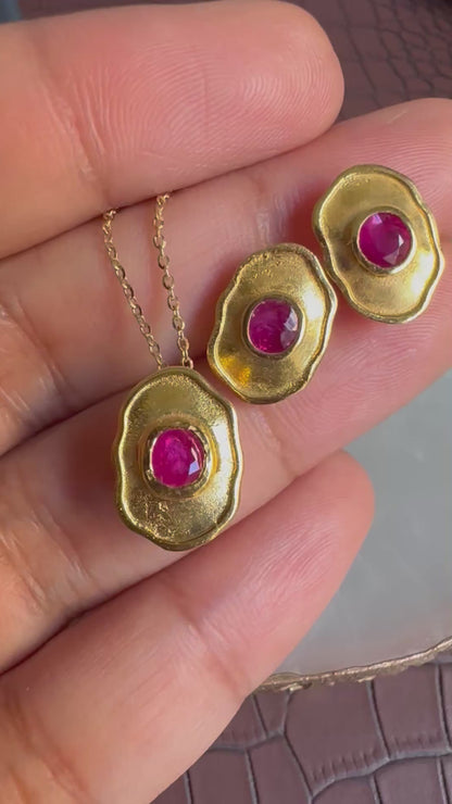 Hand-Hammered Artistic Gold and Natural Unheated Burmese Ruby Trio Set