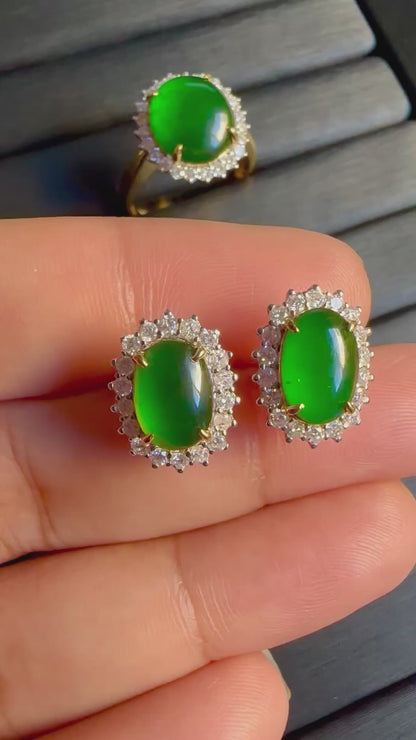 Diana-Style Earrings - Burmese Jadeite Jade with Natural Diamonds Earrings in Solid Gold