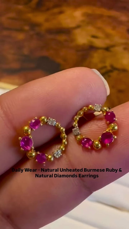 Elegant Natural Unheated Ruby & Diamond Stud Earrings in 18K Gold – Perfect for Everyday Wear