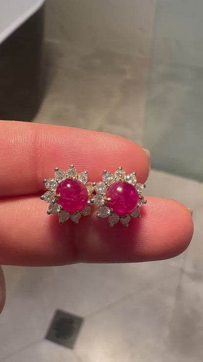 Natural Unheated Burmese Cabochon Ruby & Diamond Halo Stud Earrings | 3.00ct Rubies|18ct Solid Gold