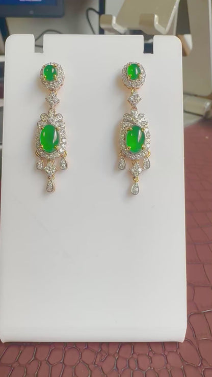 Two Step Drop Earrings Natural Untreated Burmese Jadeite with Diamonds