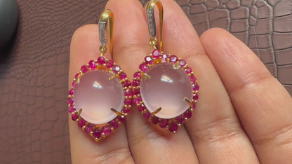 Elegant Rose Quartz & Ruby Earrings • Diamond Accented • 20ct Gold