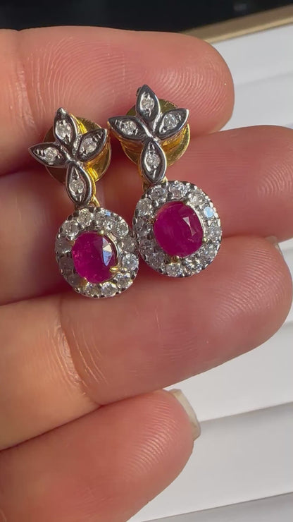 Natural unheated Burmese rubies (1.55CT) and natural diamond drop earrings in 20K solid gold