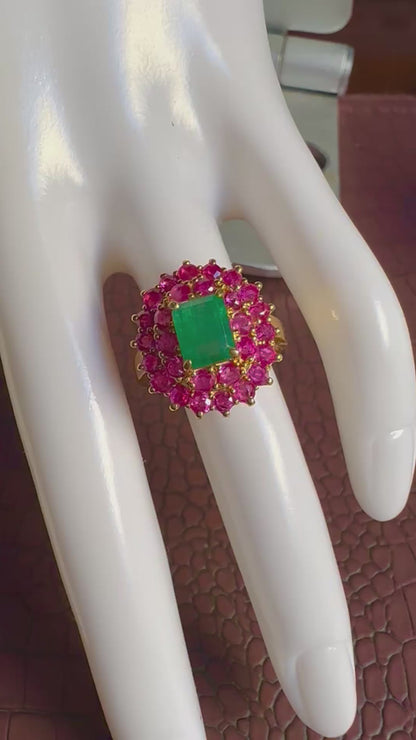 Natural Emerald with Mogok Burmese Rubies | 18ct Gold Halo Dress Ring