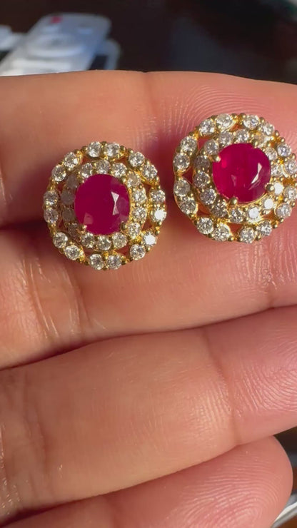 2 Full Carats of Natural Unheated Burmese Ruby & Diamond Halo Earring Set (Matching Pendant Available)