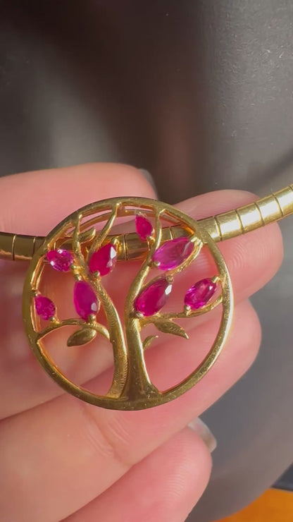 Modern Tree of Life Pendant with Natural Unheated Burmese Rubies on a Solid Gold Chain