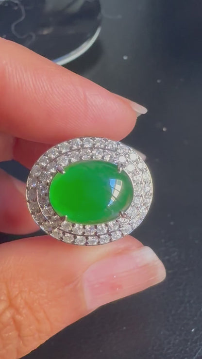 Natural Unheated Burmese Jadeite Jade (Type A) set with Double Halo Natural Diamonds in 18K Solid Gold.