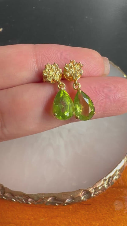 Natural Unheated Burmese Peridot (3.2 CT) and NaturalYellow Sapphire Earrings in 18K Solid Gold