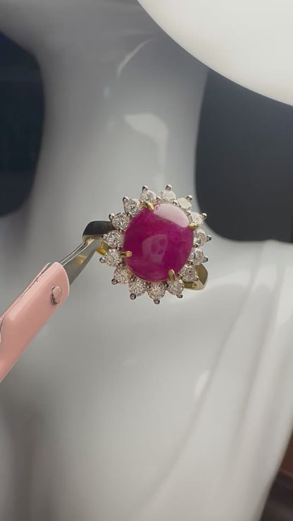 Natural Unheated Burmese Cabochon Ruby & Diamond Halo Ring | 4.67ct Ruby | 18ct Yellow Gold