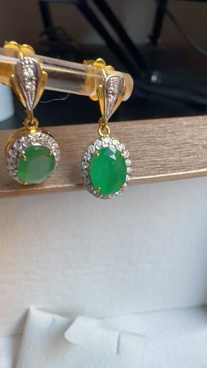 Timeless Natural Emerald & Diamond Dangle Earrings in 20K Solid Gold