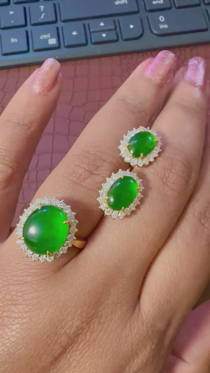 Diana-Style Earrings - Burmese Jadeite Jade with Natural Diamonds Earrings in Solid Gold