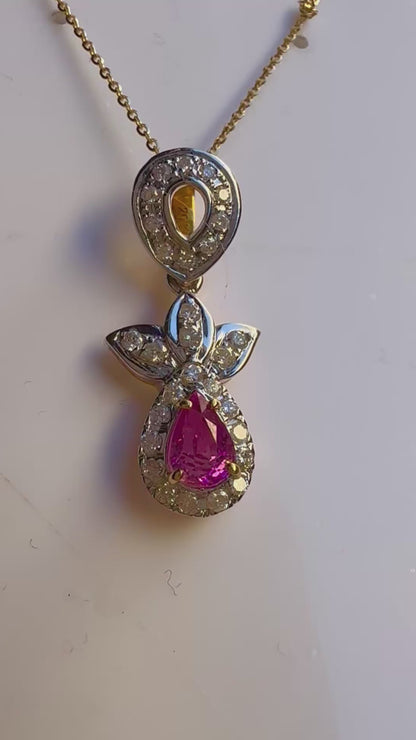 Natural Pink Sapphire & Diamond Halo Pendant in 20K Solid Gold with gold Necklace