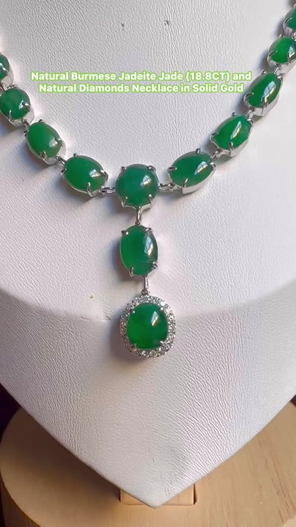 Natural Burmese Jadeite Jade (18.8CT) and Natural Diamonds Necklace in Solid Gold