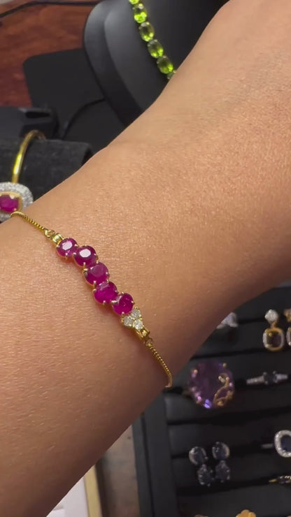 Elegant Natural Unheated Burmese Ruby & Diamond Adjustable Bracelet in 18ct Yellow Gold