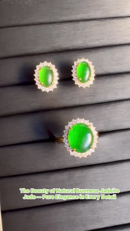 Diana-Style Ring - Natural Unheated Burmese Jadeite Jade (Type A) with Natural Diamonds in 18K Solid Gold.