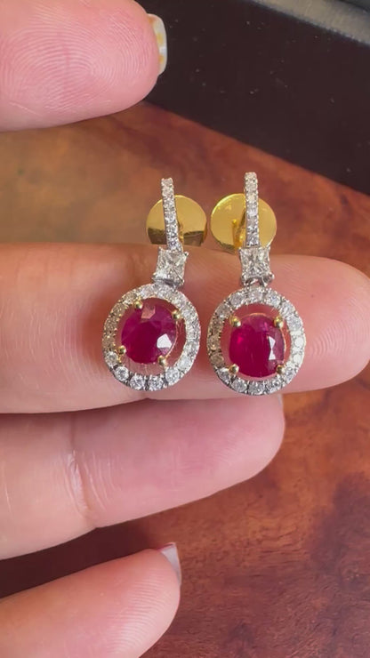 Natural unheated Burmese rubies (1.55CT) and natural diamond drop earrings in 20K solid gold