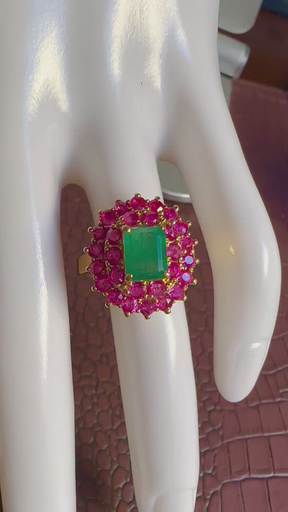 Natural Emerald with Mogok Burmese Rubies | 18ct Gold Halo Dress Ring