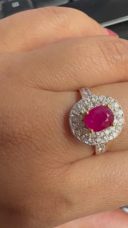 Burmese Natural Unheated Ruby (1.40CT) and Natural Diamonds Ring in 20K Solid Gold