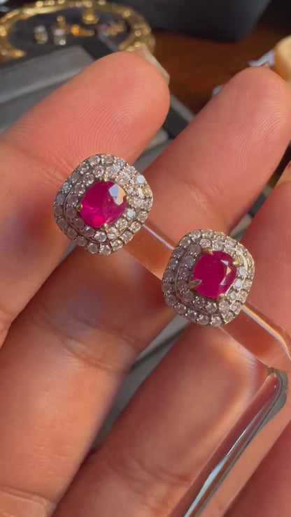 Natural unheated Burmese rubies (1.50CT) and natural diamond drop earrings in 20K solid gold