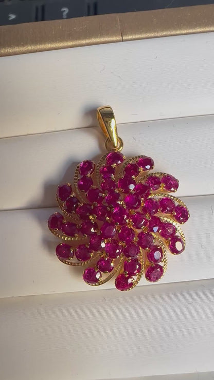 Floral Style Natural Unheated Burmese Rubies Sunburst Pendant in 20K Solid Gold