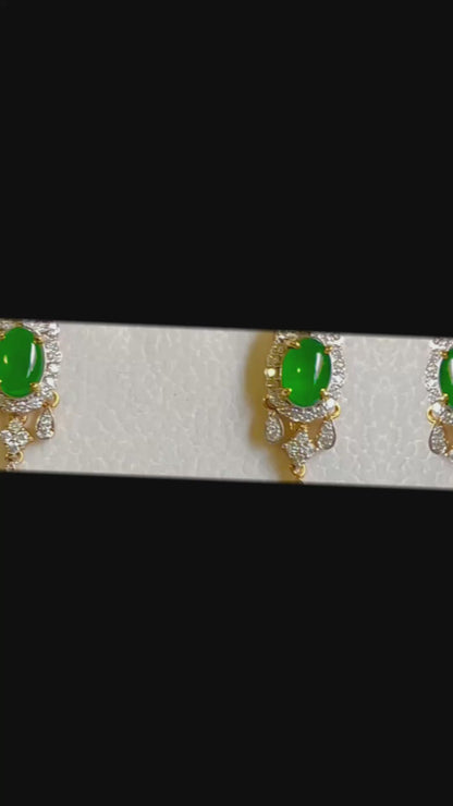 Two Step Drop Earrings Natural Untreated Burmese Jadeite with Diamonds