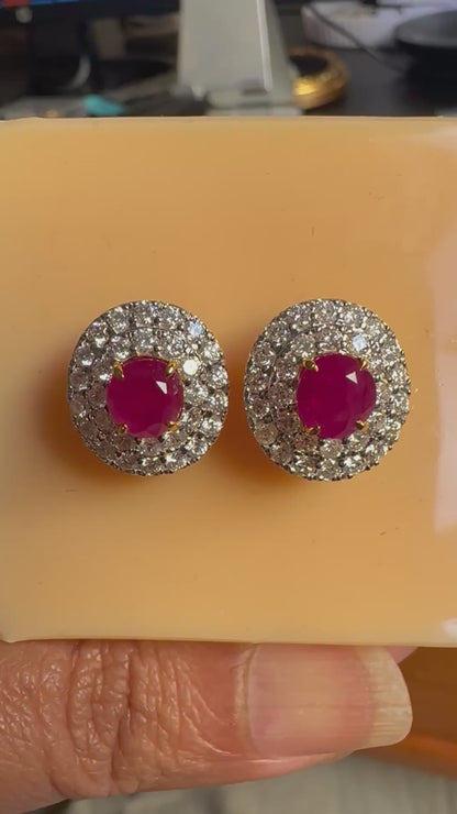 Natural unheated Burmese rubies (3.2CT) and natural diamond drop earrings in 18K solid gold