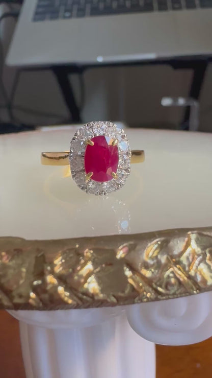 Natural Unheated Burmese Ruby (1.45ct) Diamond Halo Engagement Ring – 18K Yellow Gold