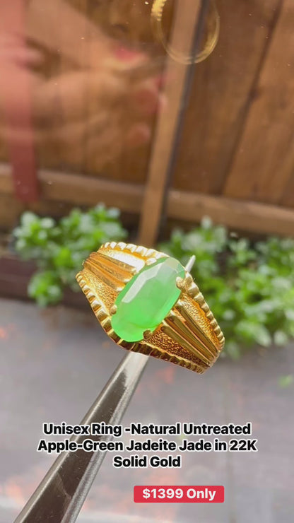 Unisex Ring - Apple Green Natural Untreated Burmese Jadeite Jade (Type A) in 22K Solid Gold.