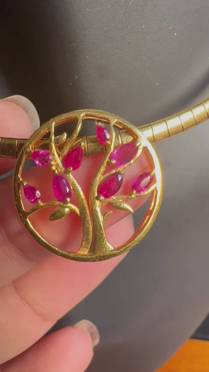 Modern Tree of Life Pendant with Natural Unheated Burmese Rubies on a Solid Gold Chain