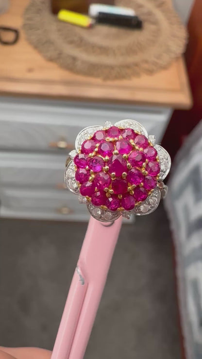 Pigeon Blood-Red Natural Unheated Burmese Ruby Sunburst Cluster Ring | Natural Diamonds | 20K Solid Gold