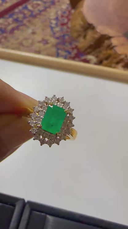 Emerald Cut Natural Emerald and Natural Diamonds Ring in 18K Solid Gold