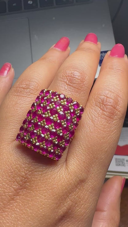 Vintage Style Burmese Unheated Ruby Dome Cluster Ring in 18ct Gold