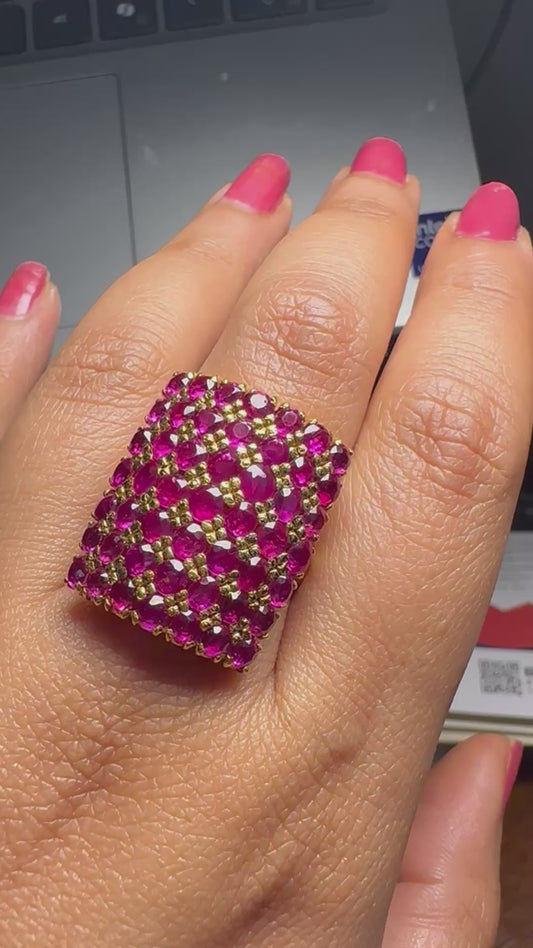 Vintage Style Burmese Unheated Ruby Dome Cluster Ring in 18ct Gold