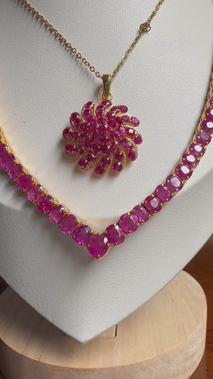Floral Style Natural Unheated Burmese Rubies Sunburst Pendant in 20K Solid Gold